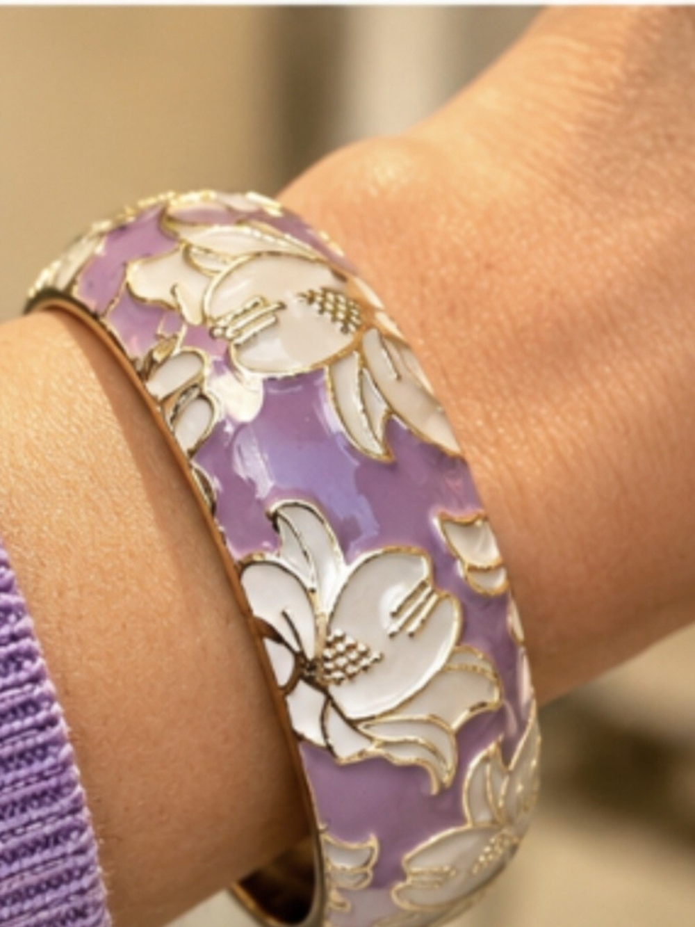 Lavender Floral Enamel Hinged Bangle Bracelet